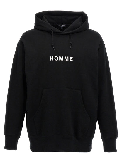 Sweatshirt Hoodie by Comme Des Garçons for men in cotton black, signature & print features an dramatic silhouette, showcasing a sophisticated hooded neckline and dramatic for a refined, modern aesthetic.
