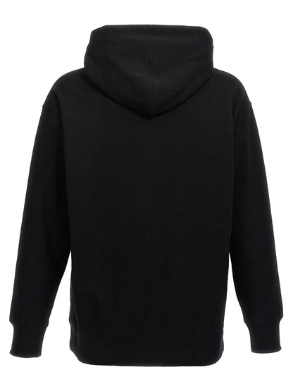 Sweatshirt Hoodie by Comme Des Garçons for men in cotton black, signature & print features an avant-garde silhouette, showcasing a sophisticated hooded neckline and detail for a truly avant-garde finish.