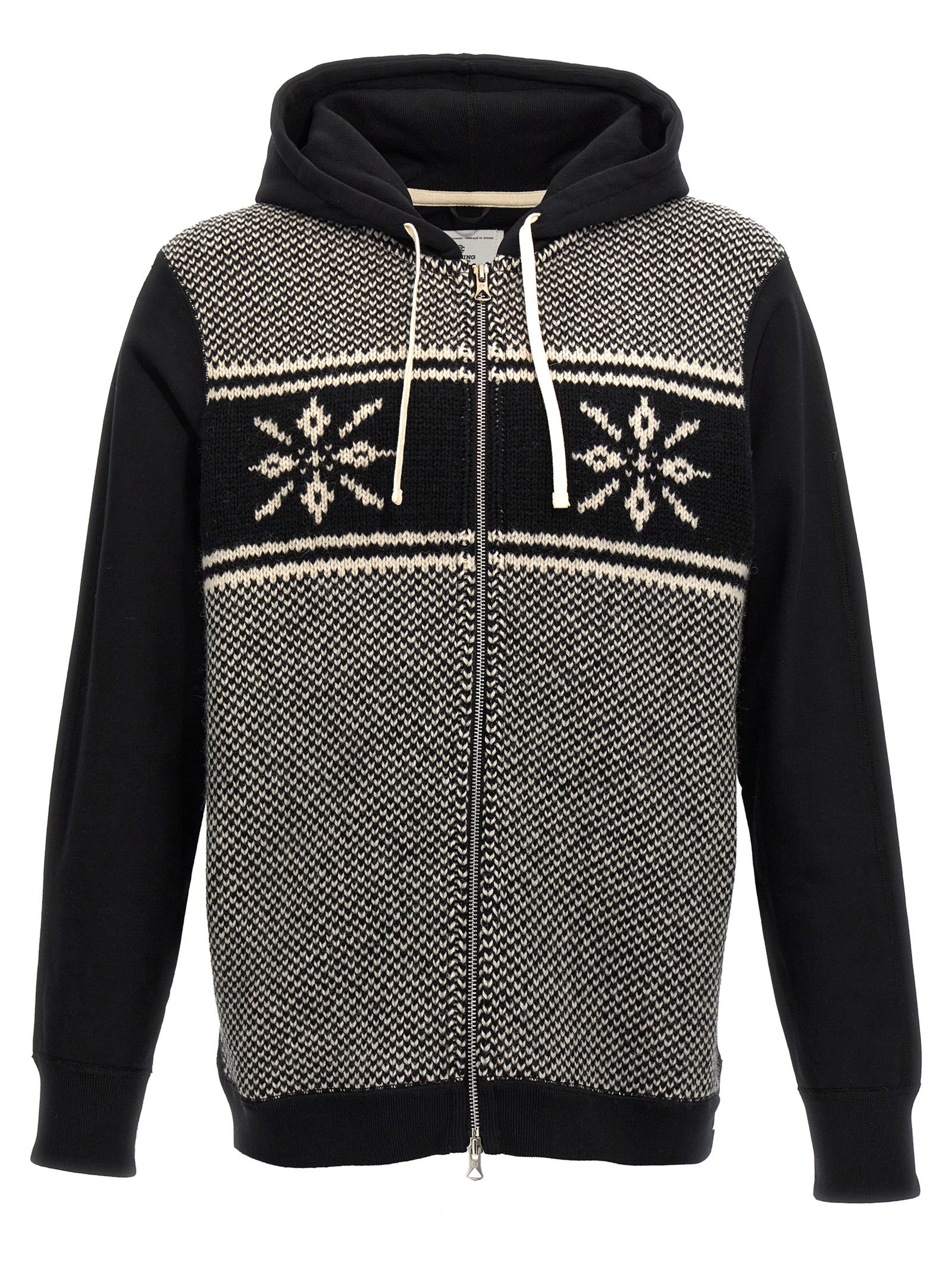 Sweatshirt Hoodie by Junya Watanabe for men in wool cotton bicolour, black, white & jacquard showcases a city-ready silhouette, artfully detailed with a signature hooded neckline and for a city-ready finish.