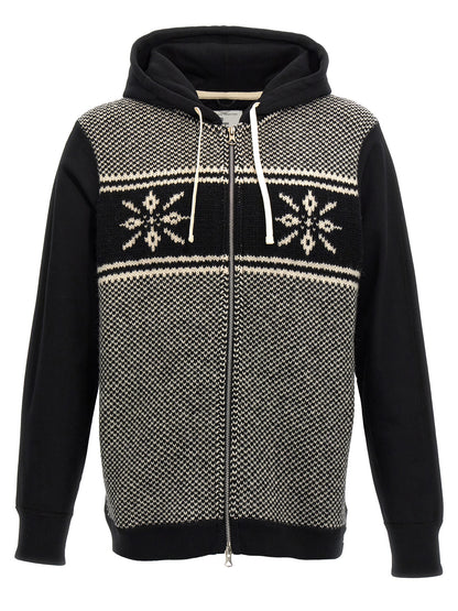 Sweatshirt Hoodie by Junya Watanabe for men in wool cotton bicolour, black, white & jacquard showcases a city-ready silhouette, artfully detailed with a signature hooded neckline and for a city-ready finish.