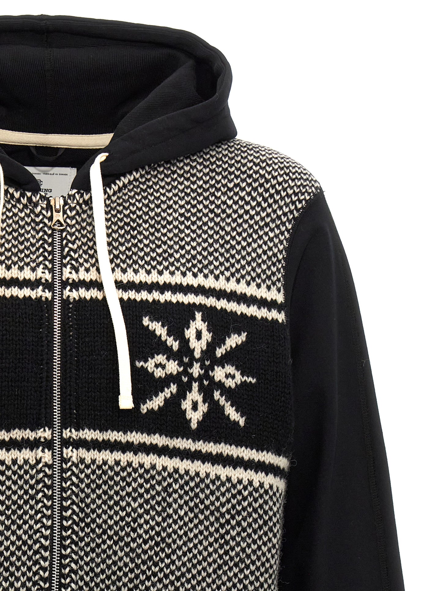 Sweatshirt Hoodie by Junya Watanabe for men in wool cotton bicolour, black, white & jacquard features a slouchy chic silhouette, detailed with a slouchy chic and a signature hooded neckline for an elevated aesthetic.