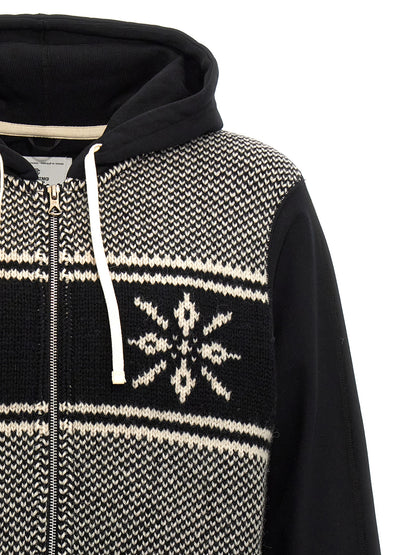 Sweatshirt Hoodie by Junya Watanabe for men in wool cotton bicolour, black, white & jacquard features a slouchy chic silhouette, detailed with a slouchy chic and a signature hooded neckline for an elevated aesthetic.
