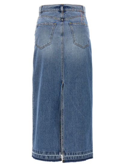 Skirt by Fortela for women in denim cotton light-blue features a captivating silhouette, showcasing the captivating Women's Denim Cotton Mini Skirt design with a sophisticated mini for a captivating look.
