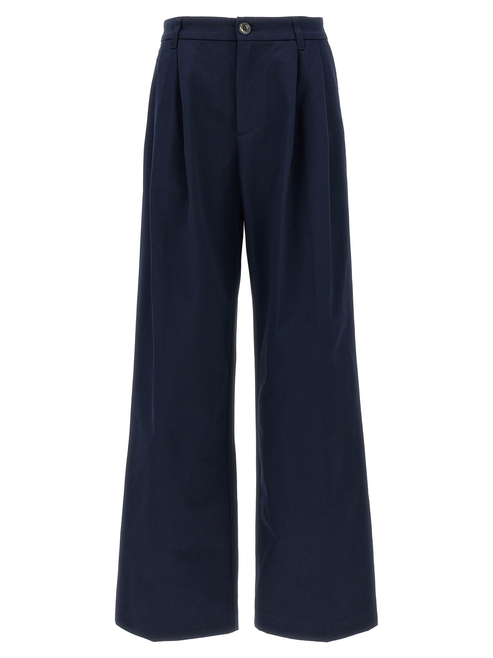 Casual Pants by Fortela for women in cotton blue features a polished silhouette with a polished wide, reaching a polished long and finished with a polished .