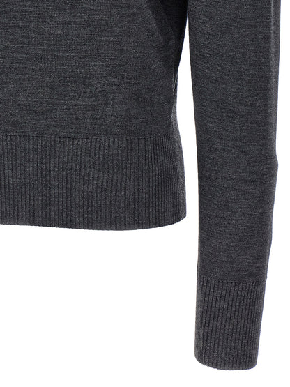 Cardigan by Burberry for women in wool gray features a dramatic silhouette, showcasing a sophisticated and dramatic detail for a timeless, premium look.