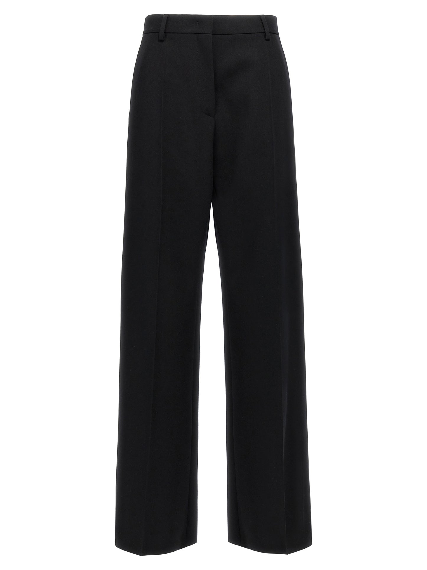 Trousers by Valentino Garavani for women in virgin wool black features a tailored silhouette with a tailored straight-leg & wide, defined by its long and a sophisticated .
