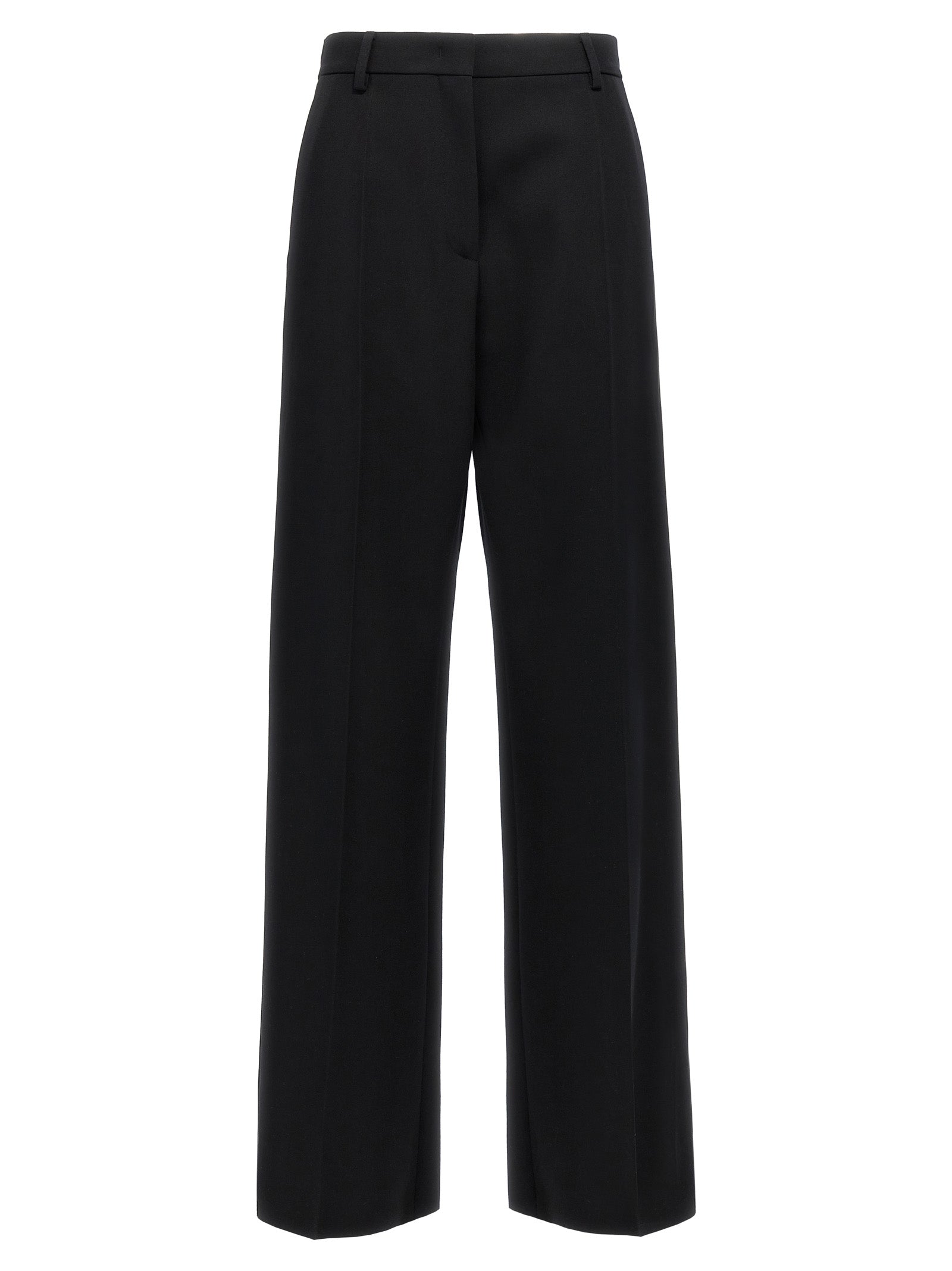 Trousers by Valentino Garavani for women in virgin wool black features a tailored silhouette with a tailored straight-leg & wide, defined by its long and a sophisticated .