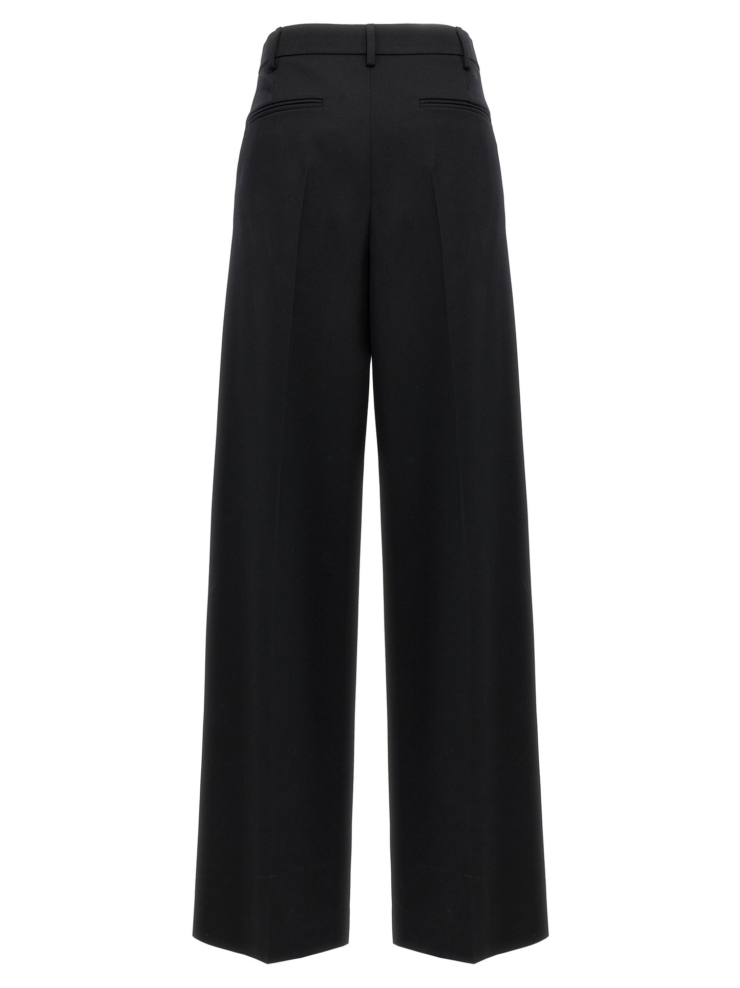 Trousers by Valentino Garavani for women in virgin wool black presents a perennial silhouette, meticulously tailored with a straight-leg & wide cut, long finish, and an elegant .