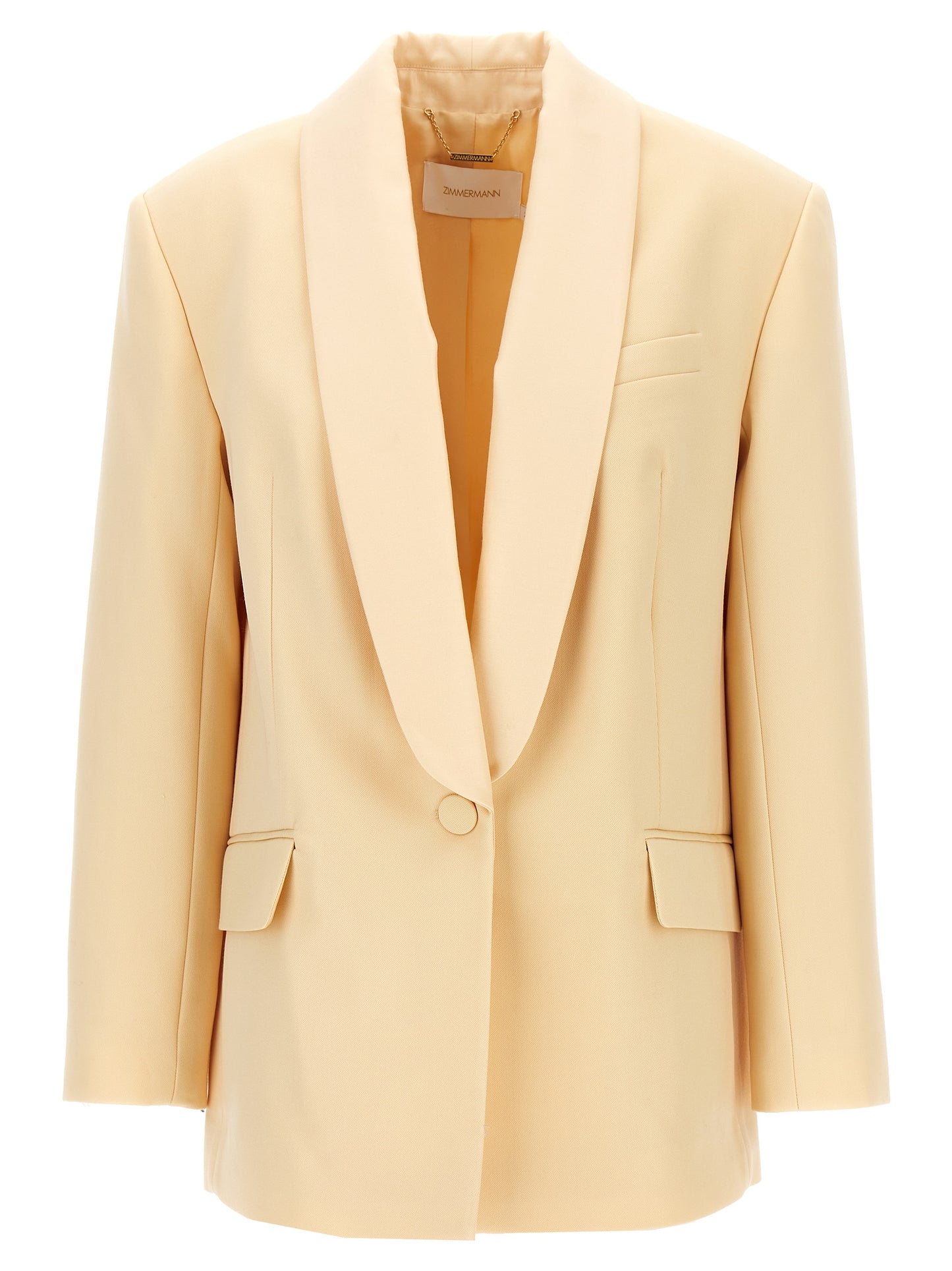 Blazer by Zimmermann for women in wool & polyester beige features an sartorial silhouette, showcasing a sophisticated shawl-collar neckline and sartorial for a truly sartorial finish.