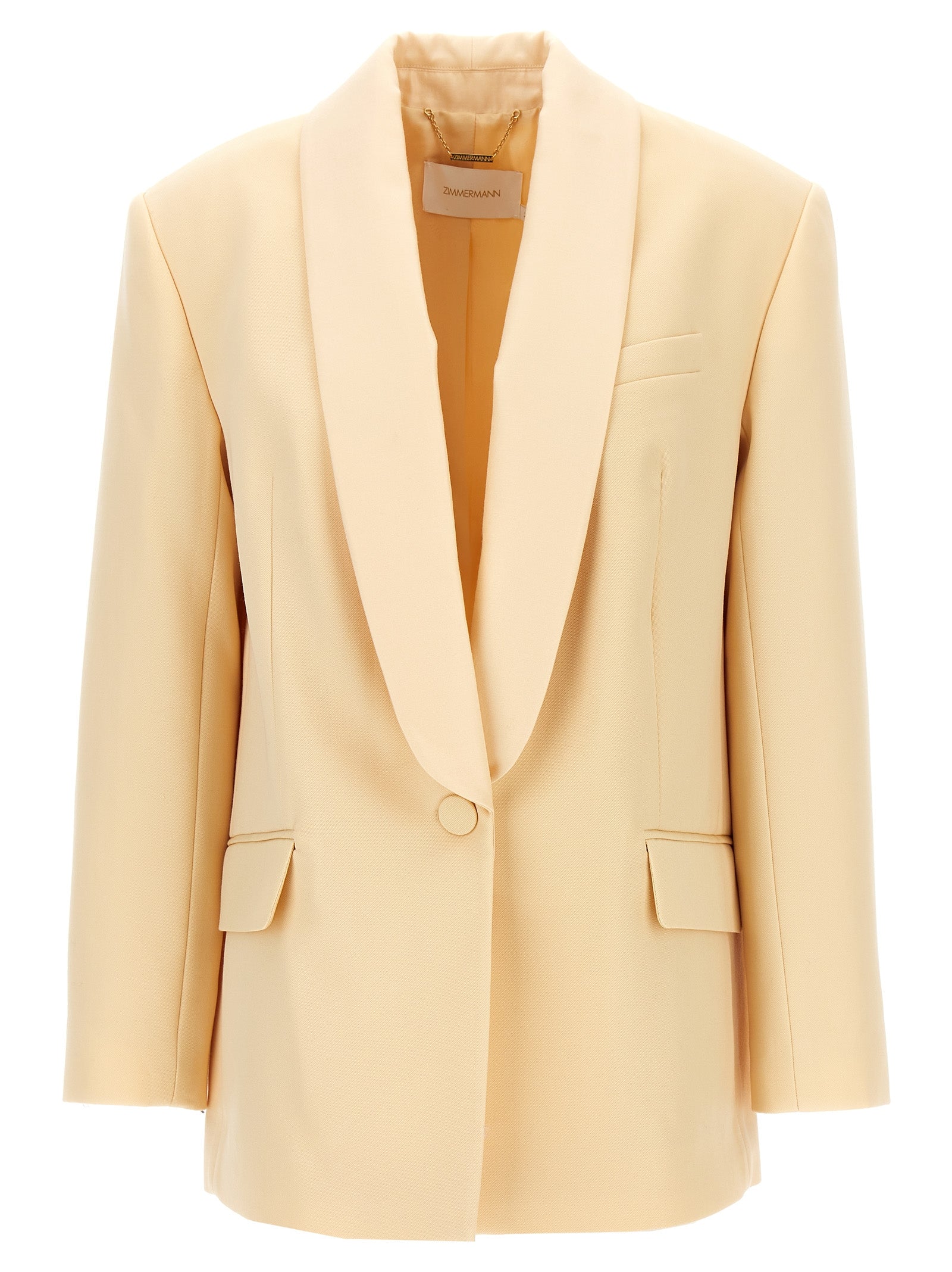 Blazer by Zimmermann for women in wool & polyester beige features an sartorial silhouette, showcasing a sophisticated shawl-collar neckline and sartorial for a truly sartorial finish.