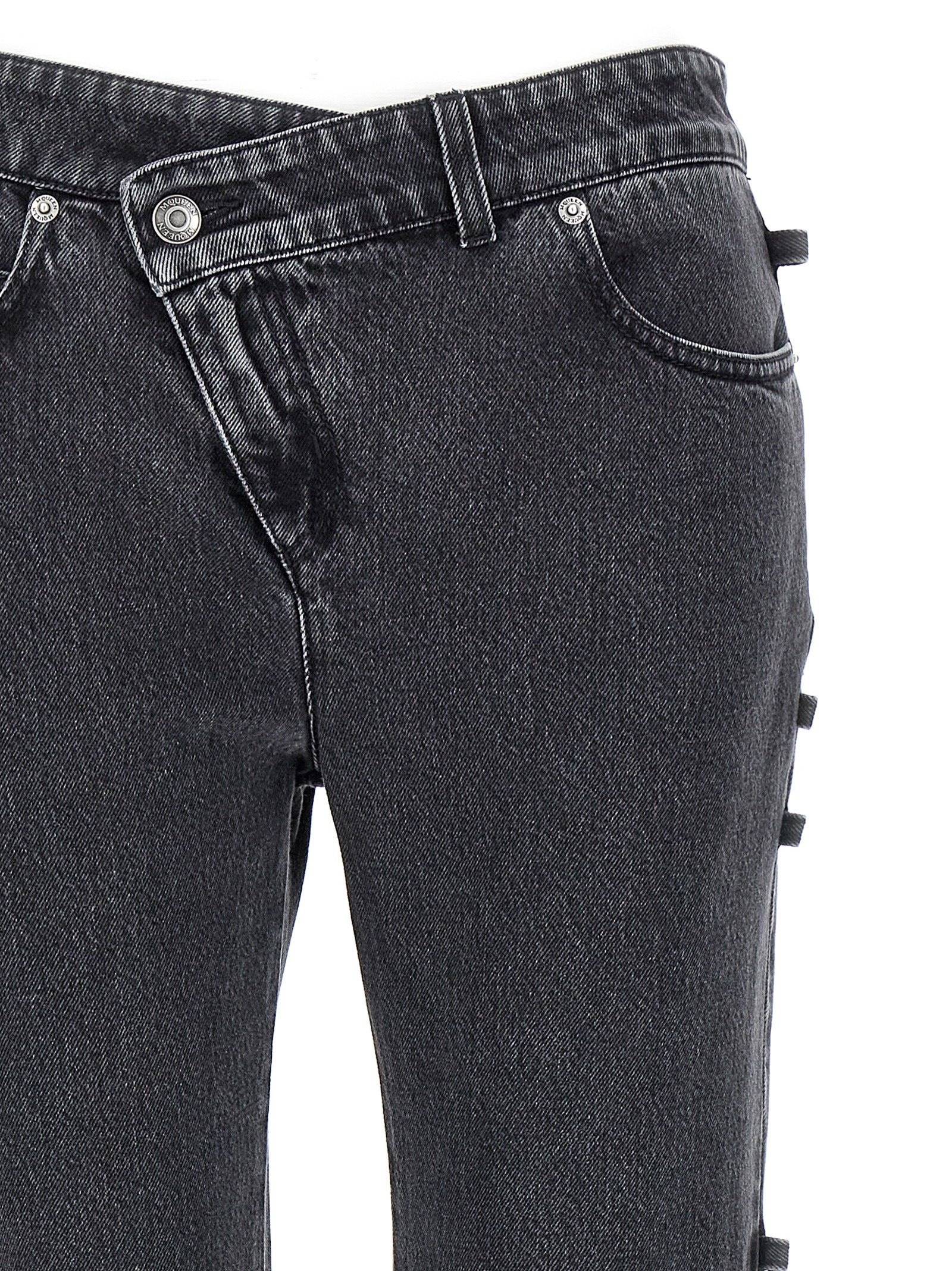 Jeans by Alexander McQueen for women in denim cotton black presents a tailored silhouette, showcasing a tailored flared and long cut with a refined for a truly tailored aesthetic.