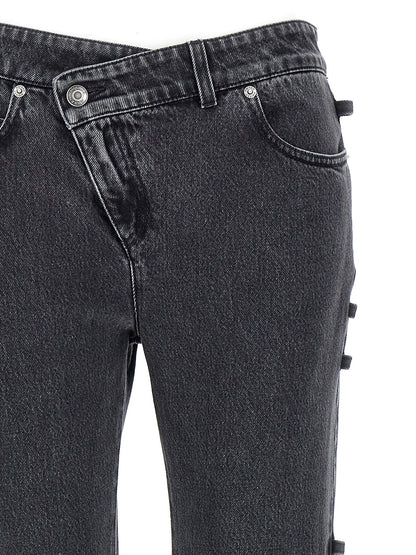 Jeans by Alexander McQueen for women in denim cotton black presents a tailored silhouette, showcasing a tailored flared and long cut with a refined for a truly tailored aesthetic.