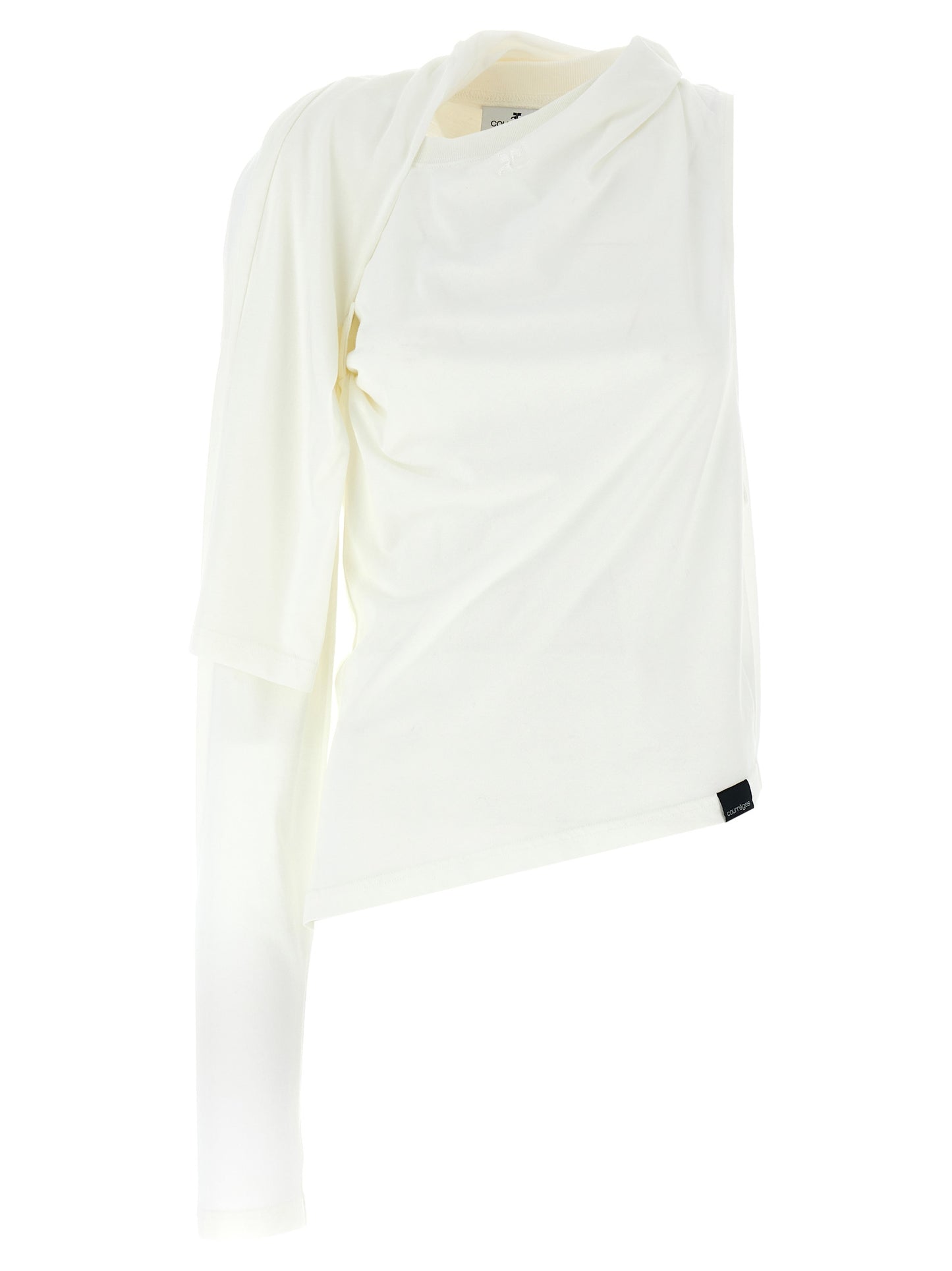 T-Shirt by Courrèges for women in cotton white showcases a fashionable silhouette, elegantly detailed with a fashionable sleeveless; long-sleeve and crew neckline for a sophisticated, high-fashion look.