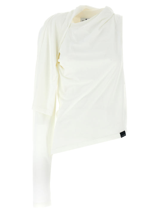 T-Shirt by Courrèges for women in cotton white showcases a fashionable silhouette, elegantly detailed with a fashionable sleeveless; long-sleeve and crew neckline for a sophisticated, high-fashion look.