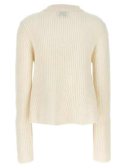 Cardigan by Loulou De Saison for women in cashmere white features a dramatic silhouette, showcasing a sophisticated crew neckline and dramatic detail for a timeless, premium look.