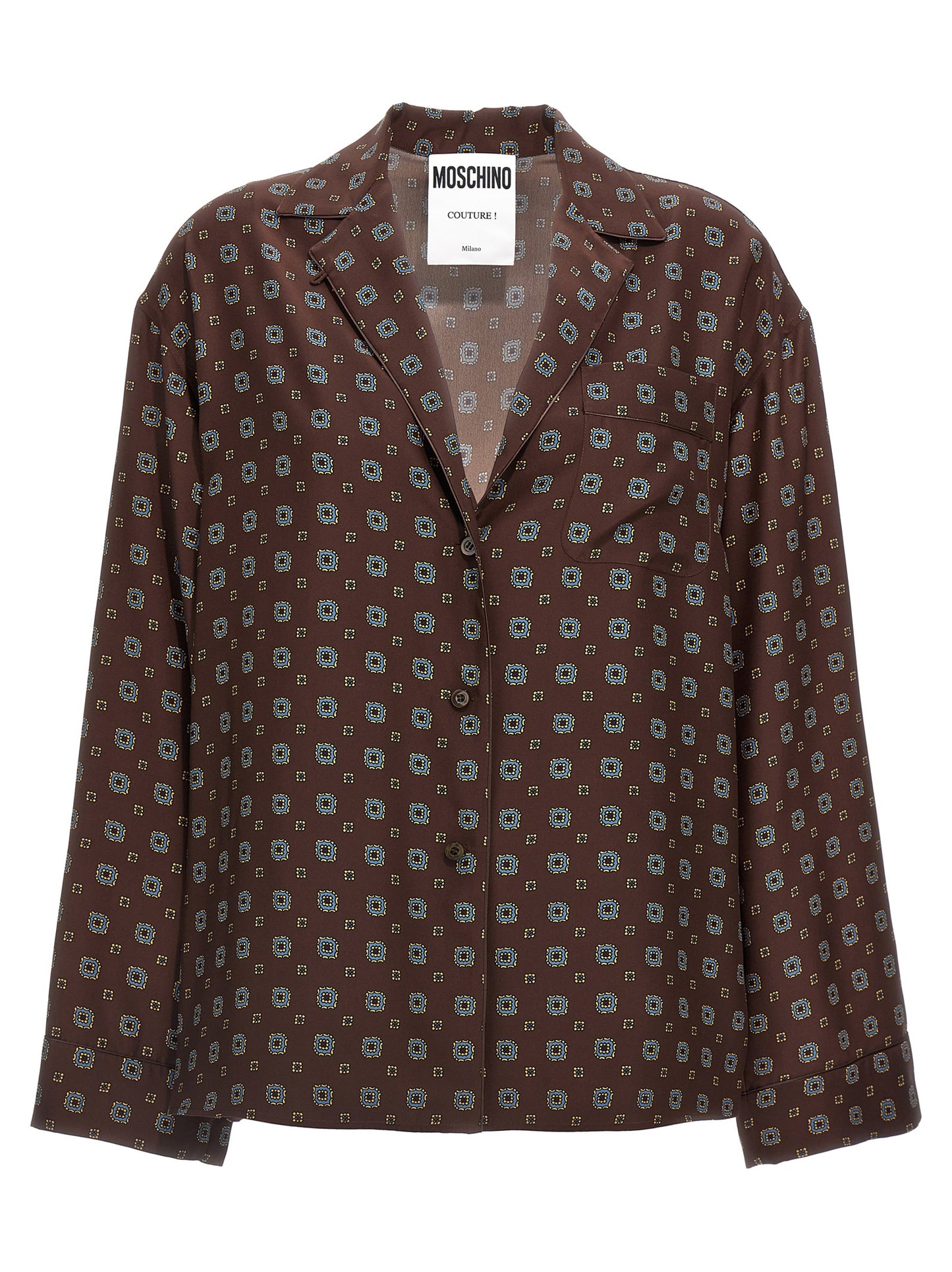 Blouse by Moschino for women in silk brown, patterned & print features an polished silhouette, showcasing a sophisticated and long-sleeve detail for a truly polished finish.