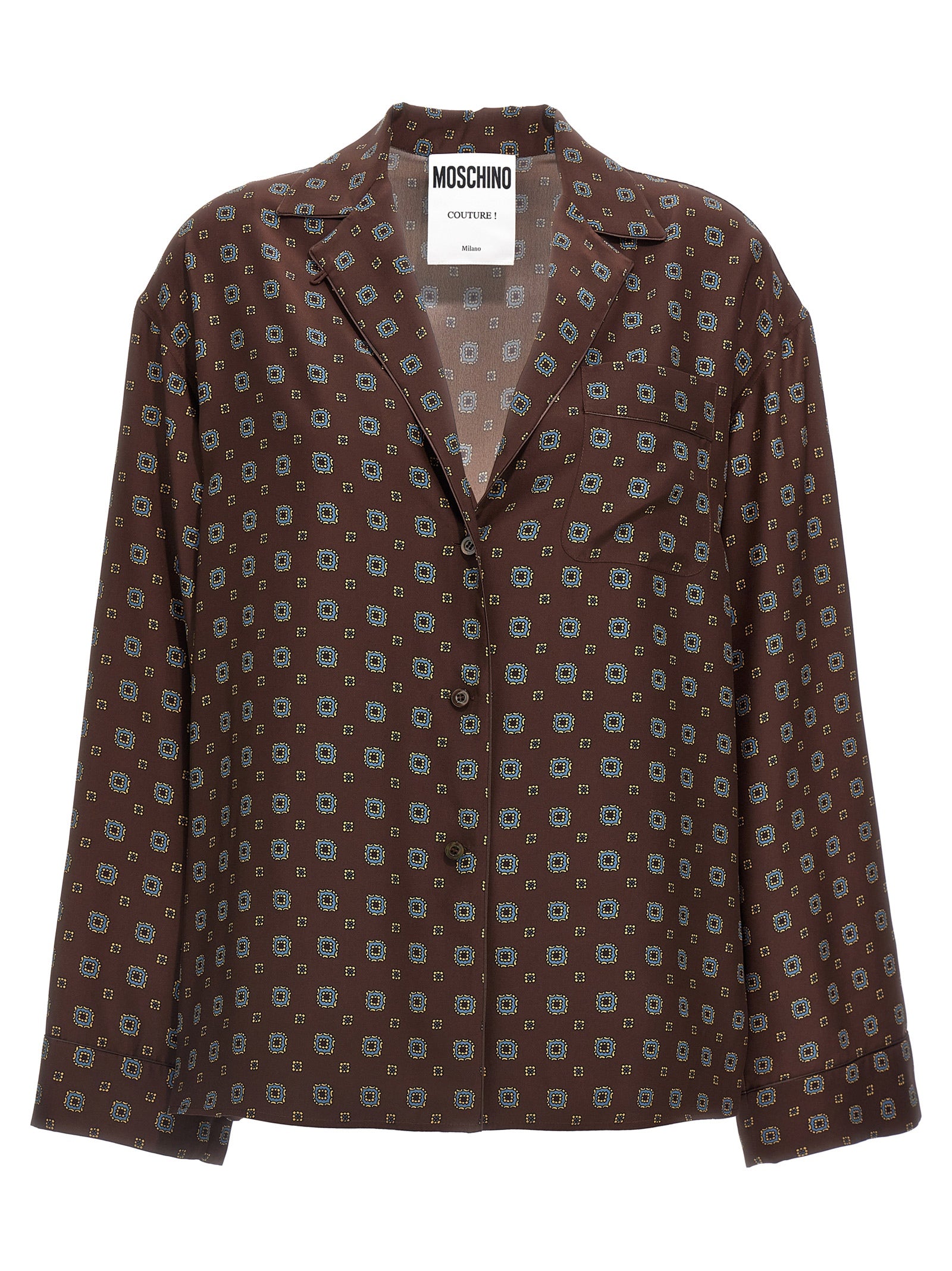 Blouse by Moschino for women in silk brown, patterned & print features an polished silhouette, showcasing a sophisticated and long-sleeve detail for a truly polished finish.