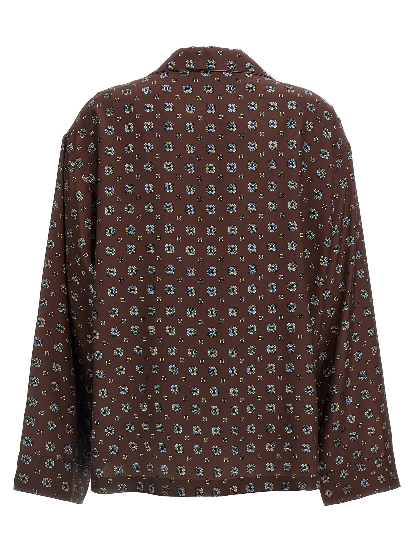 Blouse by Moschino for women in silk brown, patterned & print showcases a sharp silhouette, elegantly detailed with a sharp and sharp .