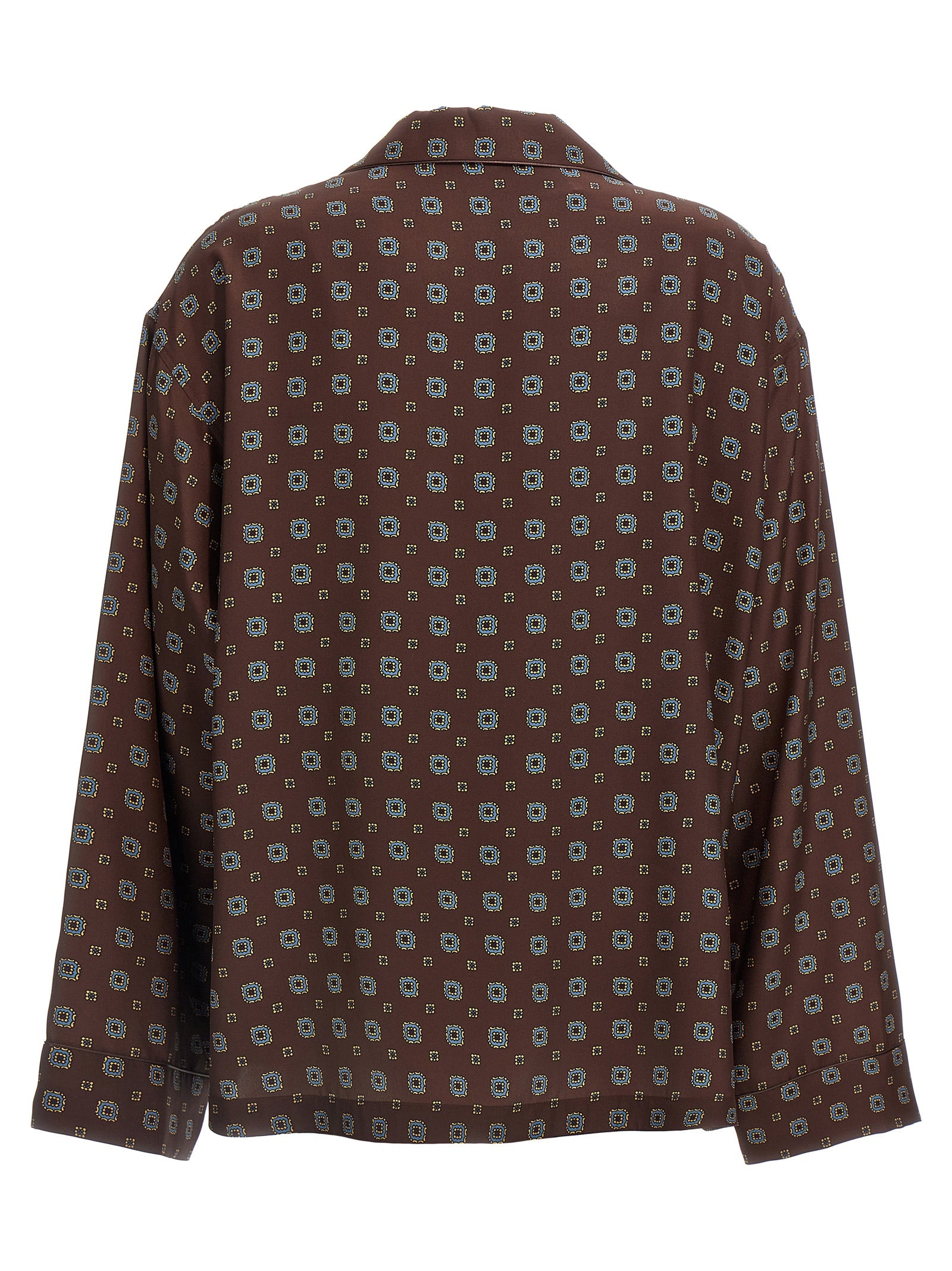 Blouse by Moschino for women in silk brown, patterned & print showcases a sharp silhouette, elegantly detailed with a sharp and sharp .
