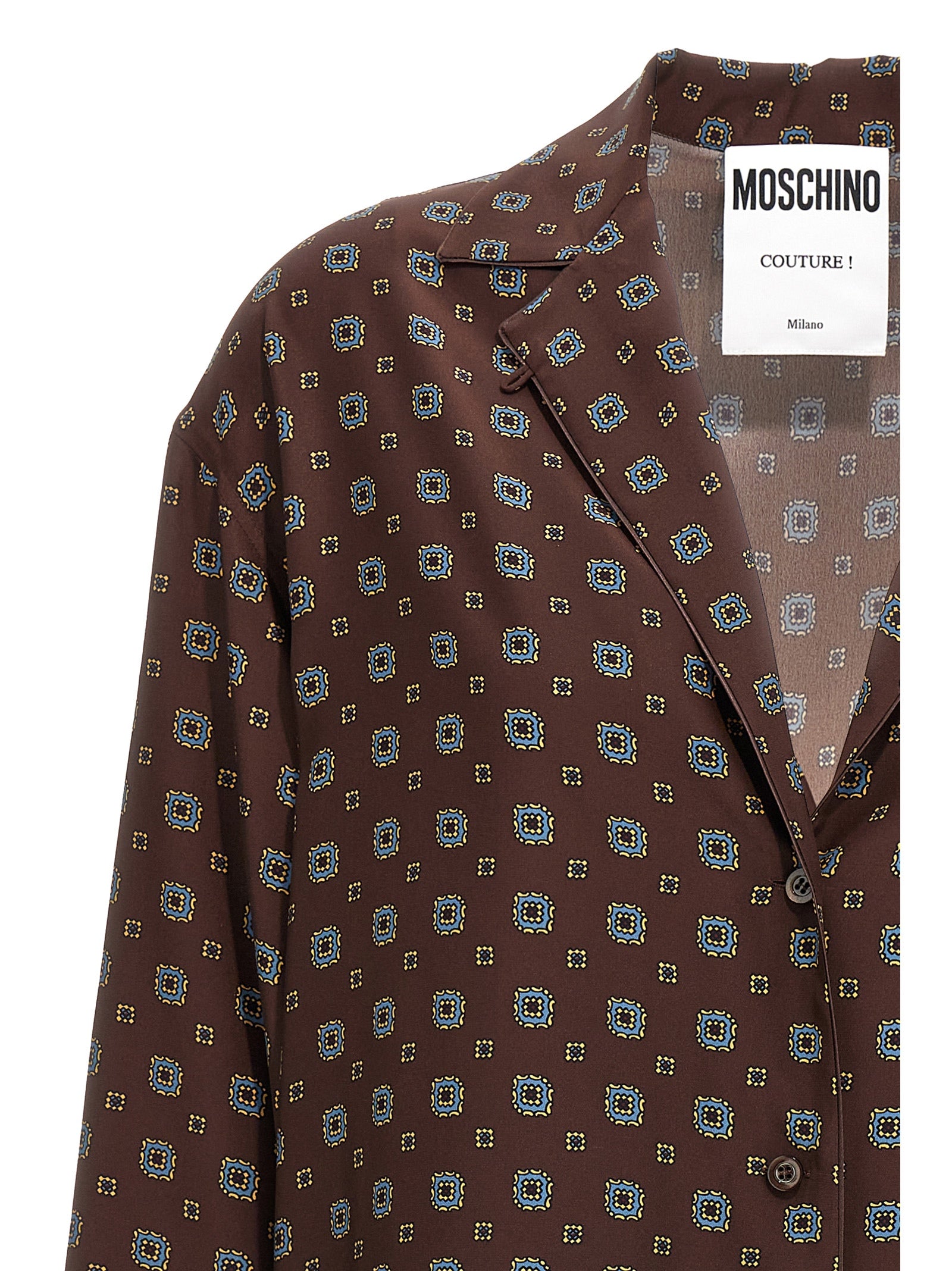 Blouse by Moschino for women in silk brown, patterned & print showcases a sleek silhouette, elegantly detailed with a sleek and for a sleek finish.