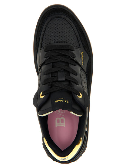 Sneakers by Balmain for women in calfskin leather black & print presents a sumptuous silhouette, artfully capturing the essence of the Women's Fashion Calfskin Leather Sneakers with its sumptuous fashion style design.