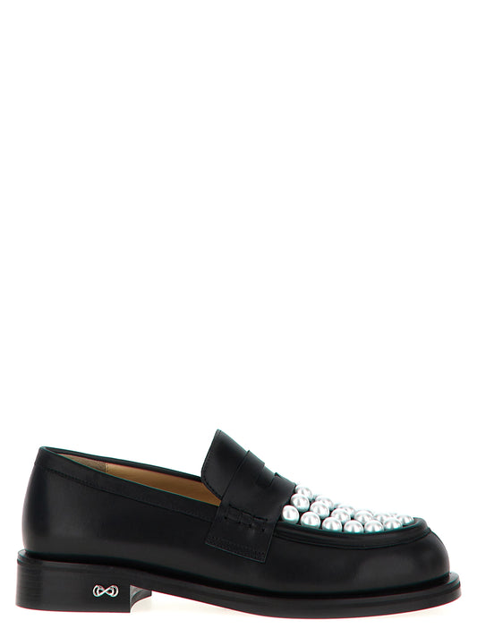 Flat Loafer Slip-On Shoes by MACH & MACH for women in calfskin leather bicolour, black & white features an effortless chic silhouette, showcasing the Women's Calfskin Leather Flat Loafer Slip-On Shoes design with an effortless chic flat and a for a effortless chic look.