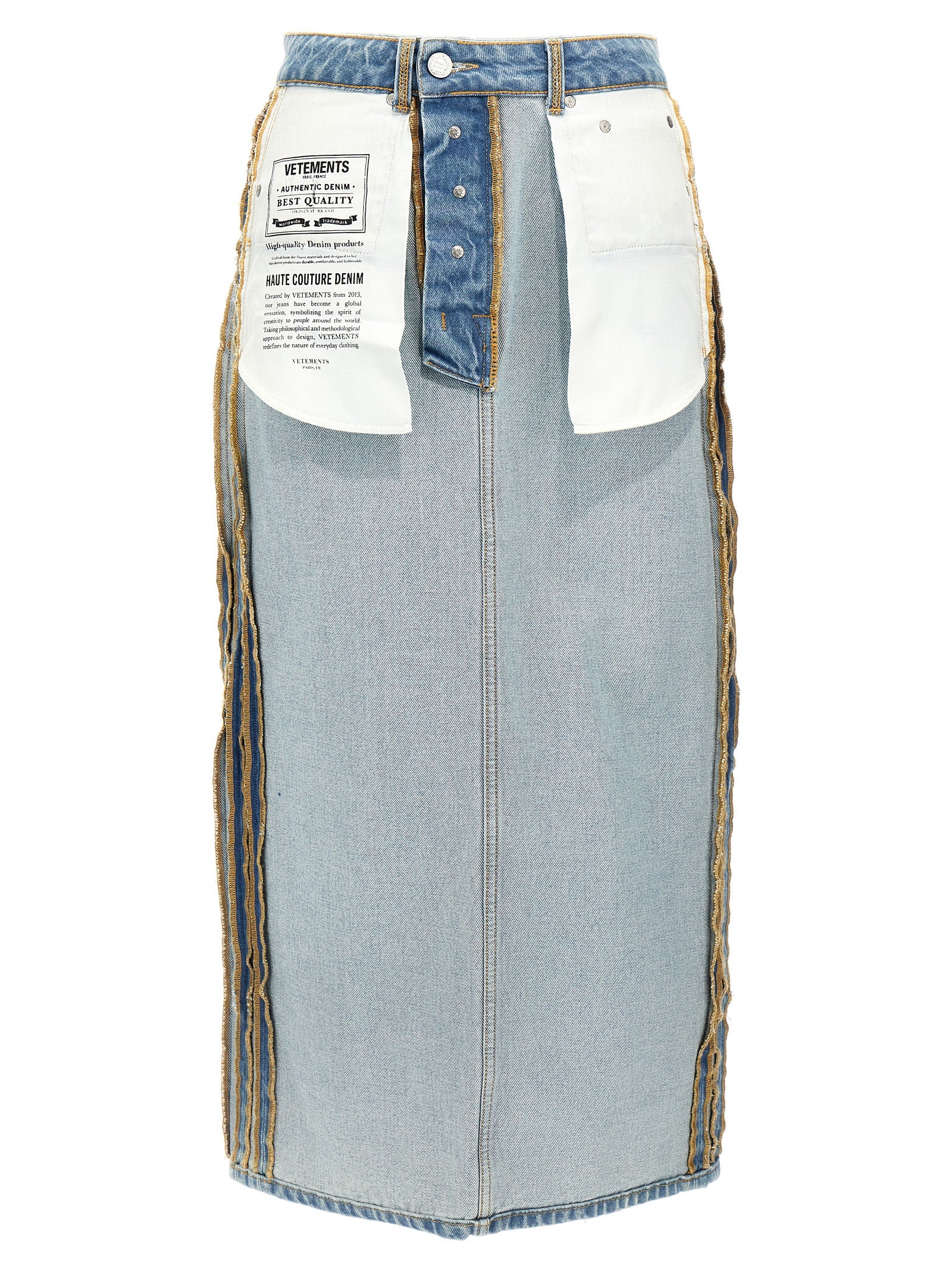Skirt by Vetements for women in cotton denim light-blue features a captivating silhouette, showcasing the captivating City Women's Denim Cotton Mini Skirt design with a sophisticated mini for a captivating look.