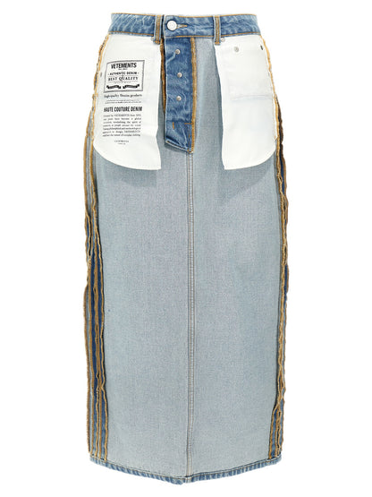 Skirt by Vetements for women in cotton denim light-blue features a captivating silhouette, showcasing the captivating City Women's Denim Cotton Mini Skirt design with a sophisticated mini for a captivating look.