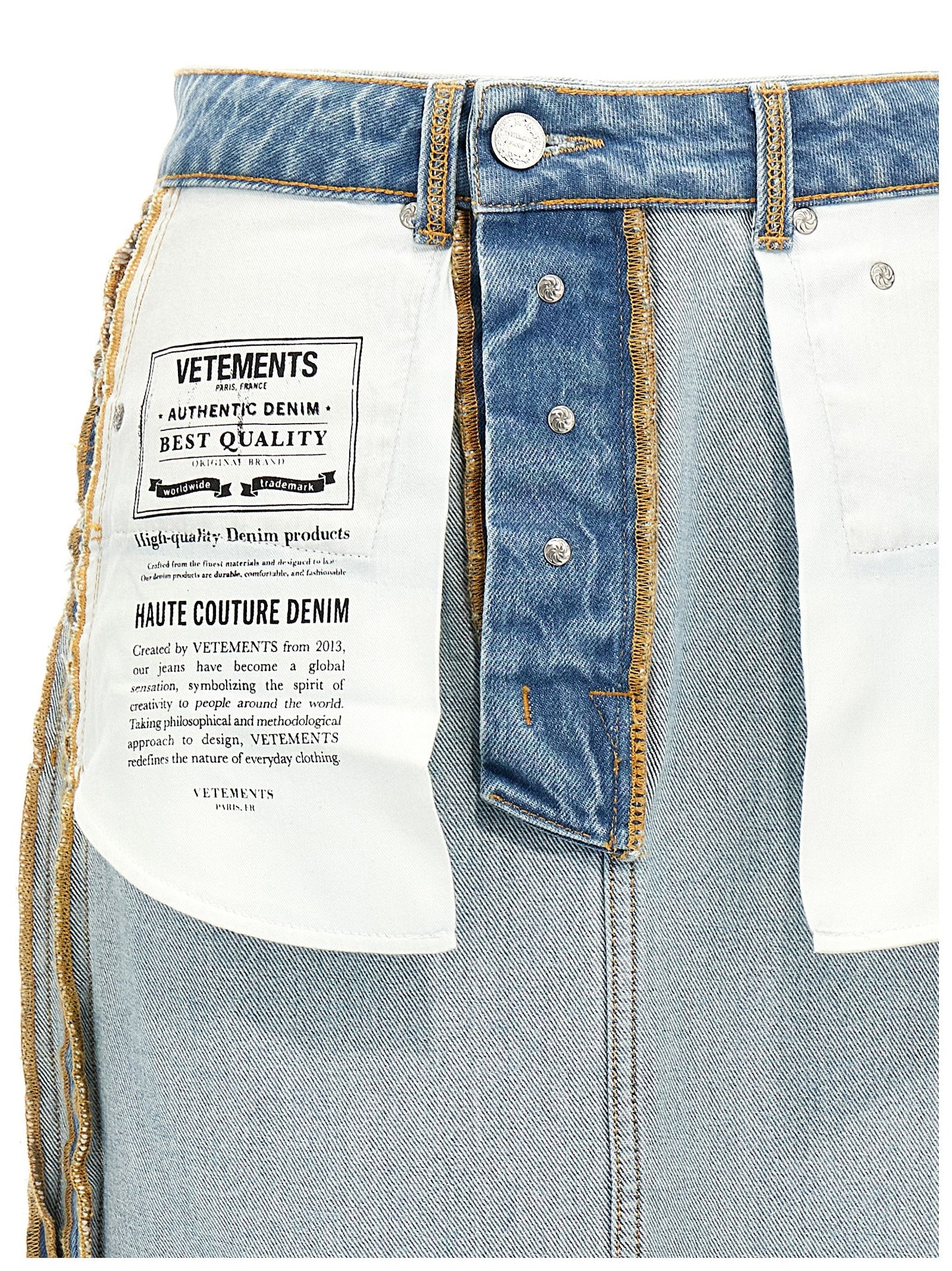 Skirt by Vetements for women in cotton denim light-blue features an relaxed-yet-refined silhouette that elegantly showcases the City Women's Denim Cotton Mini Skirt design and sophisticated mini.