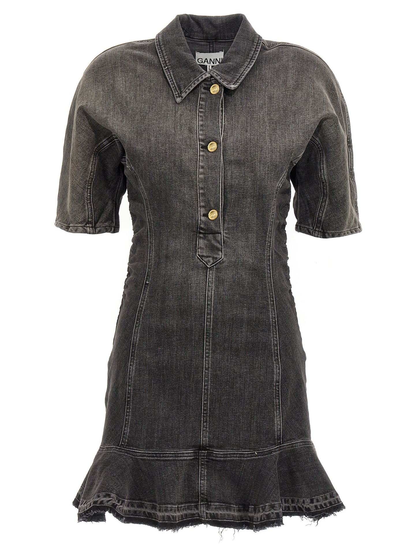 Dress by Ganni for women in stretch denim cotton black features an sultry silhouette defined by a and short-sleeve, falling to an sultry short for a sultry look.