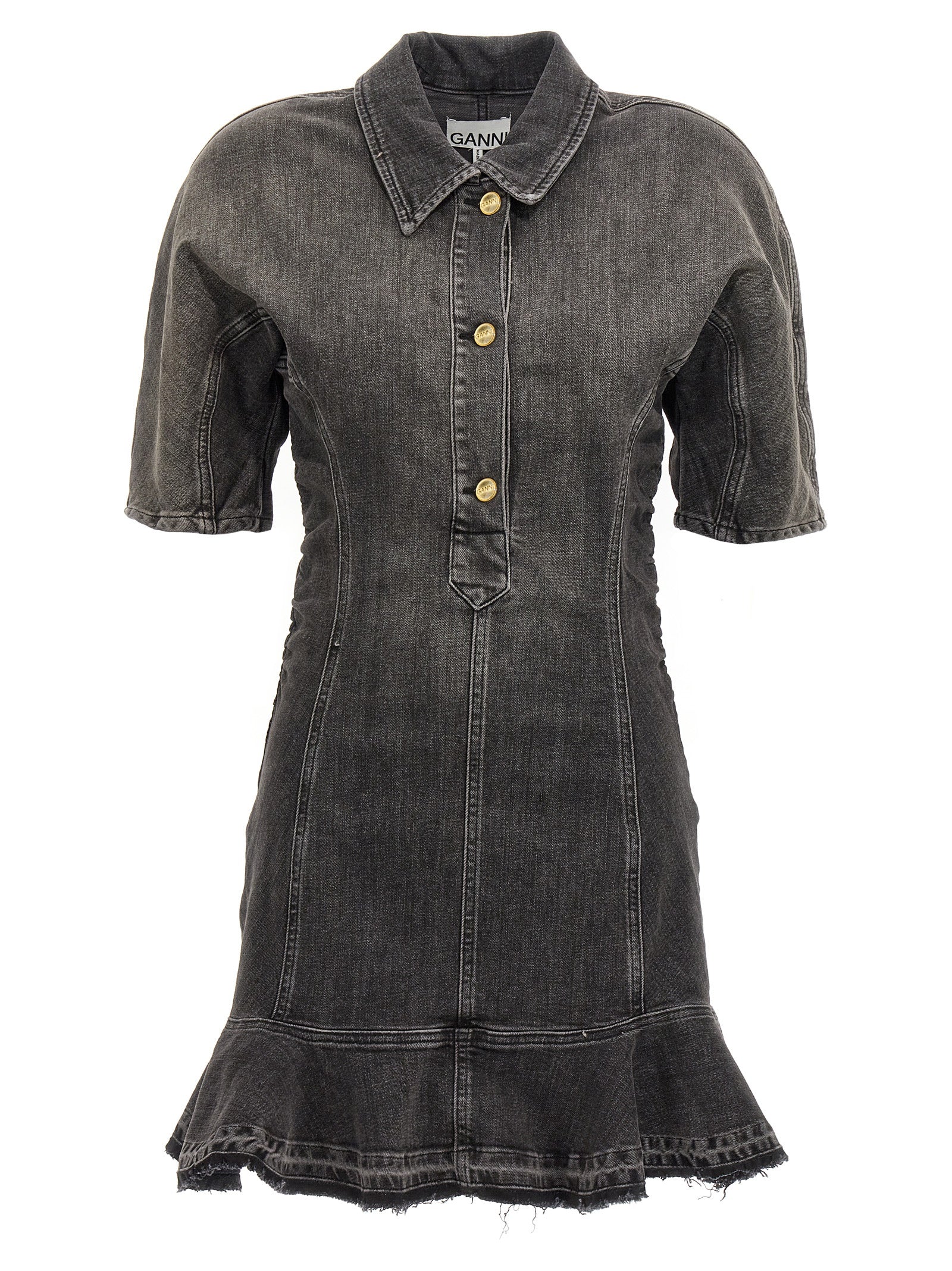 Dress by Ganni for women in stretch denim cotton black features an sultry silhouette defined by a and short-sleeve, falling to an sultry short for a sultry look.
