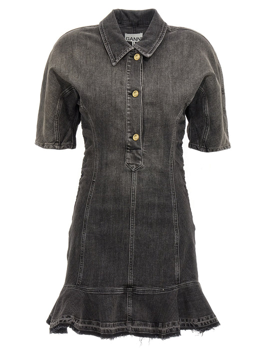 Dress by Ganni for women in stretch denim cotton black features an sultry silhouette defined by a and short-sleeve, falling to an sultry short for a sultry look.