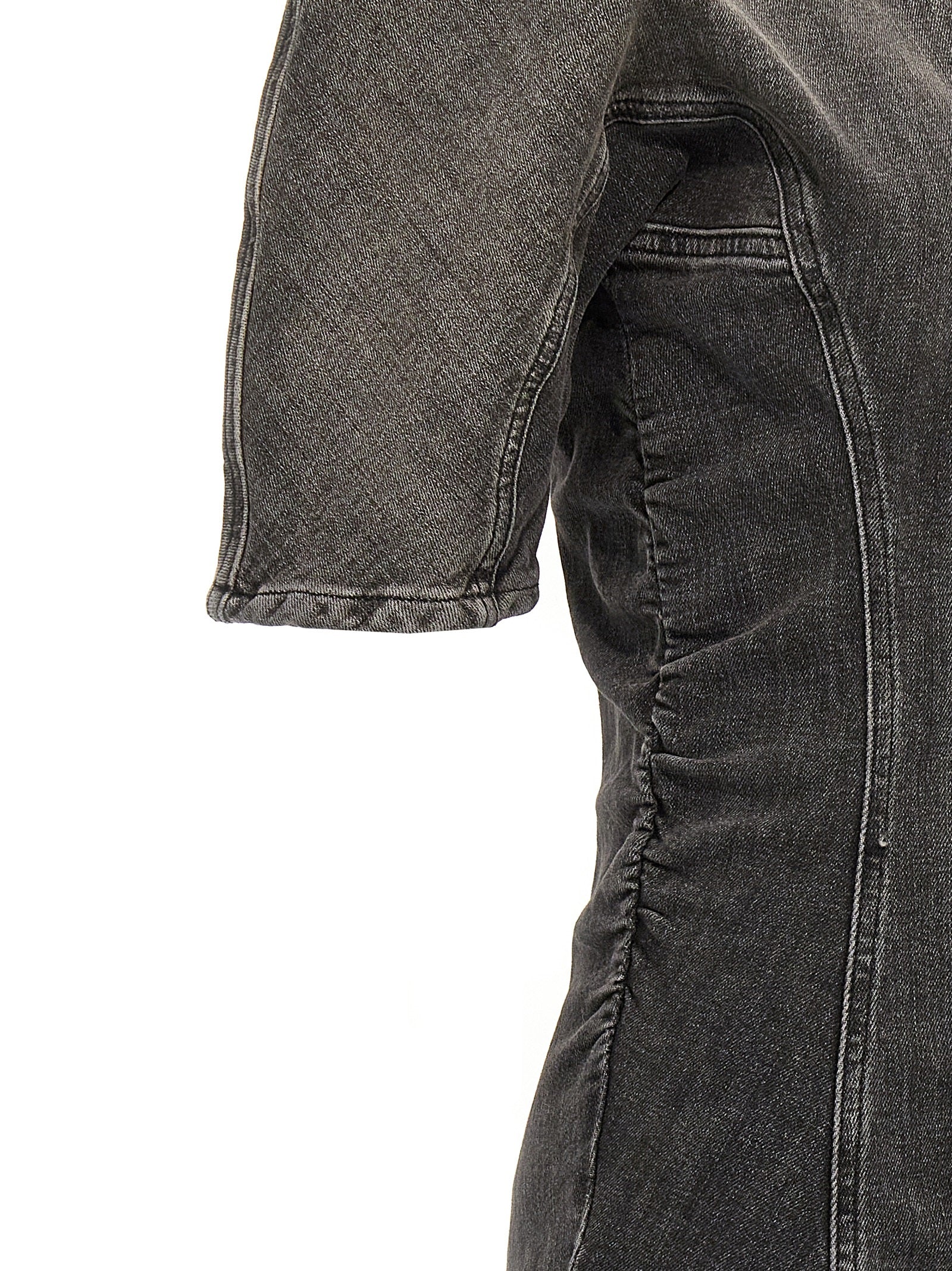 Dress by Ganni for women in stretch denim cotton black features a dramatic silhouette, showcasing an elegant and that flows into a dramatic short.
