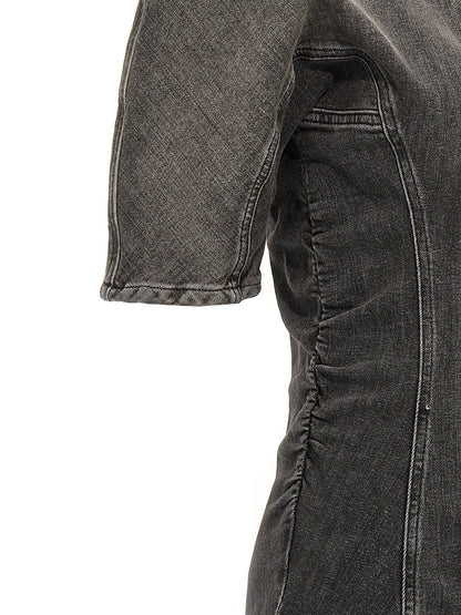 Dress by Ganni for women in stretch denim cotton black features a dramatic silhouette, showcasing an elegant and that flows into a dramatic short.