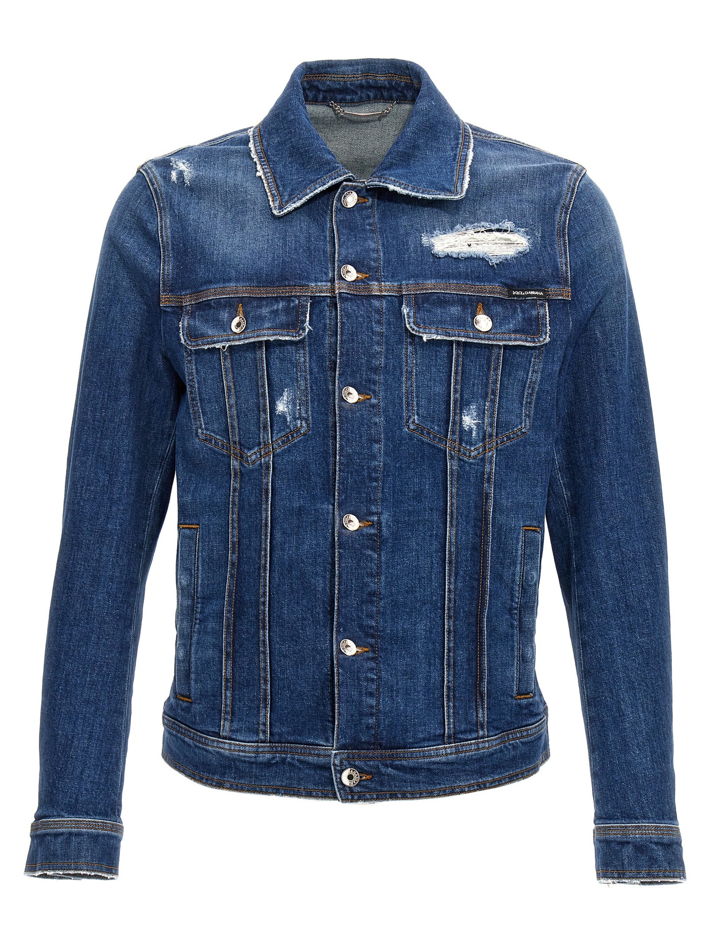 Trucker Jacket by Dolce & Gabbana for men in stretch denim cotton blue showcases a bohemian silhouette, artfully detailed with a bohemian and signature pockets for a truly bohemian finish.