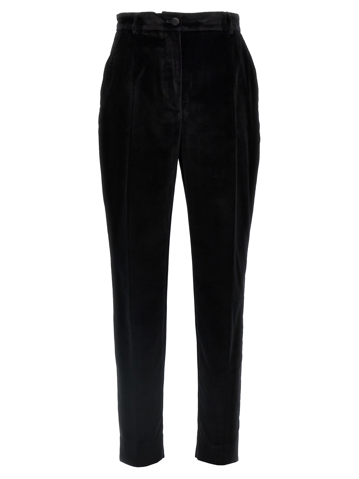 Trousers by Dolce & Gabbana for women in polyester cotton & silk black features a artisanal silhouette, showcasing a sophisticated with a long and for a artisanal finish.