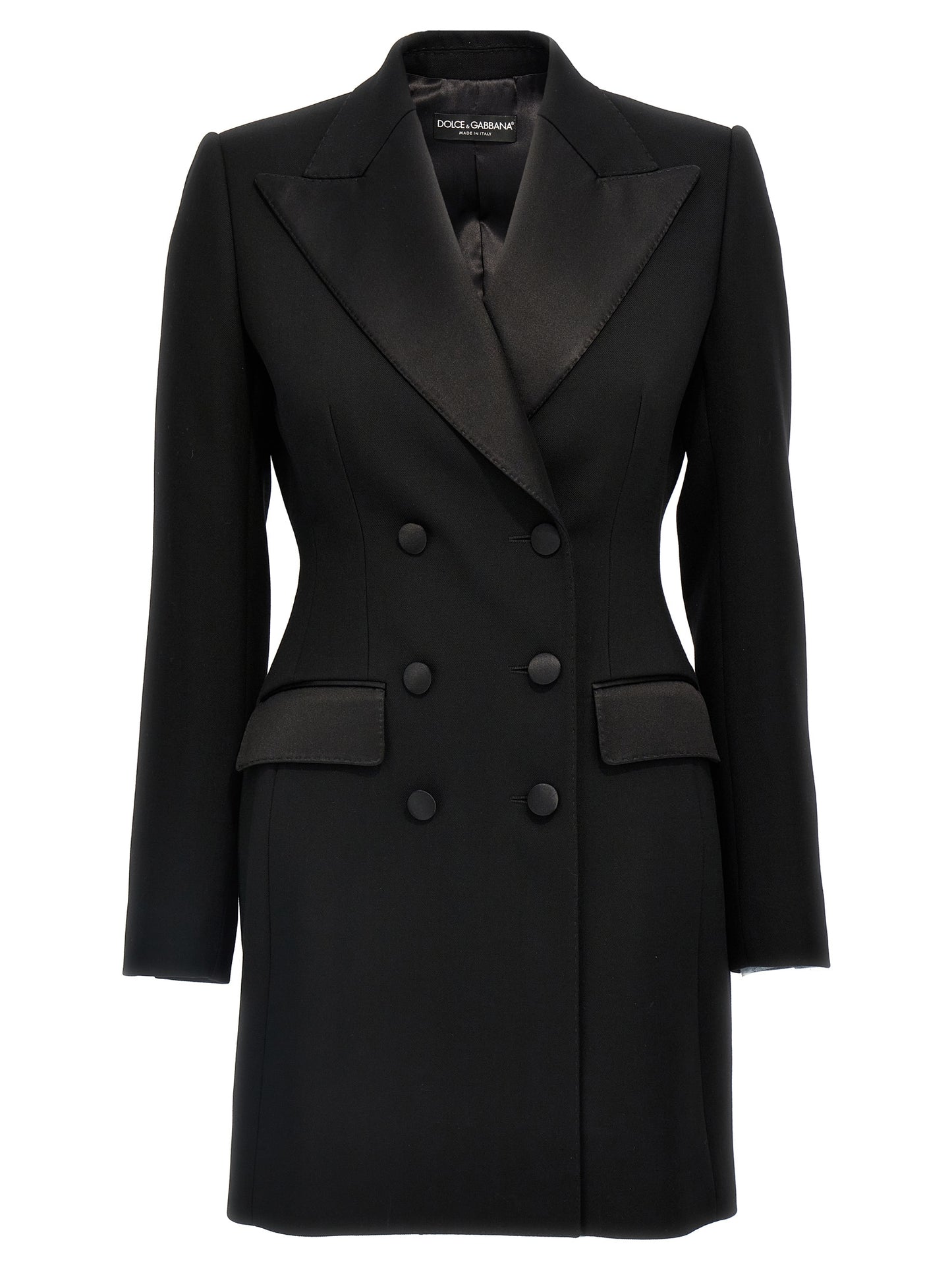 Blazer by Dolce & Gabbana for women in polyester silk & virgin wool black showcases a polished silhouette, highlighted by a refined and polished for a sophisticated finish.