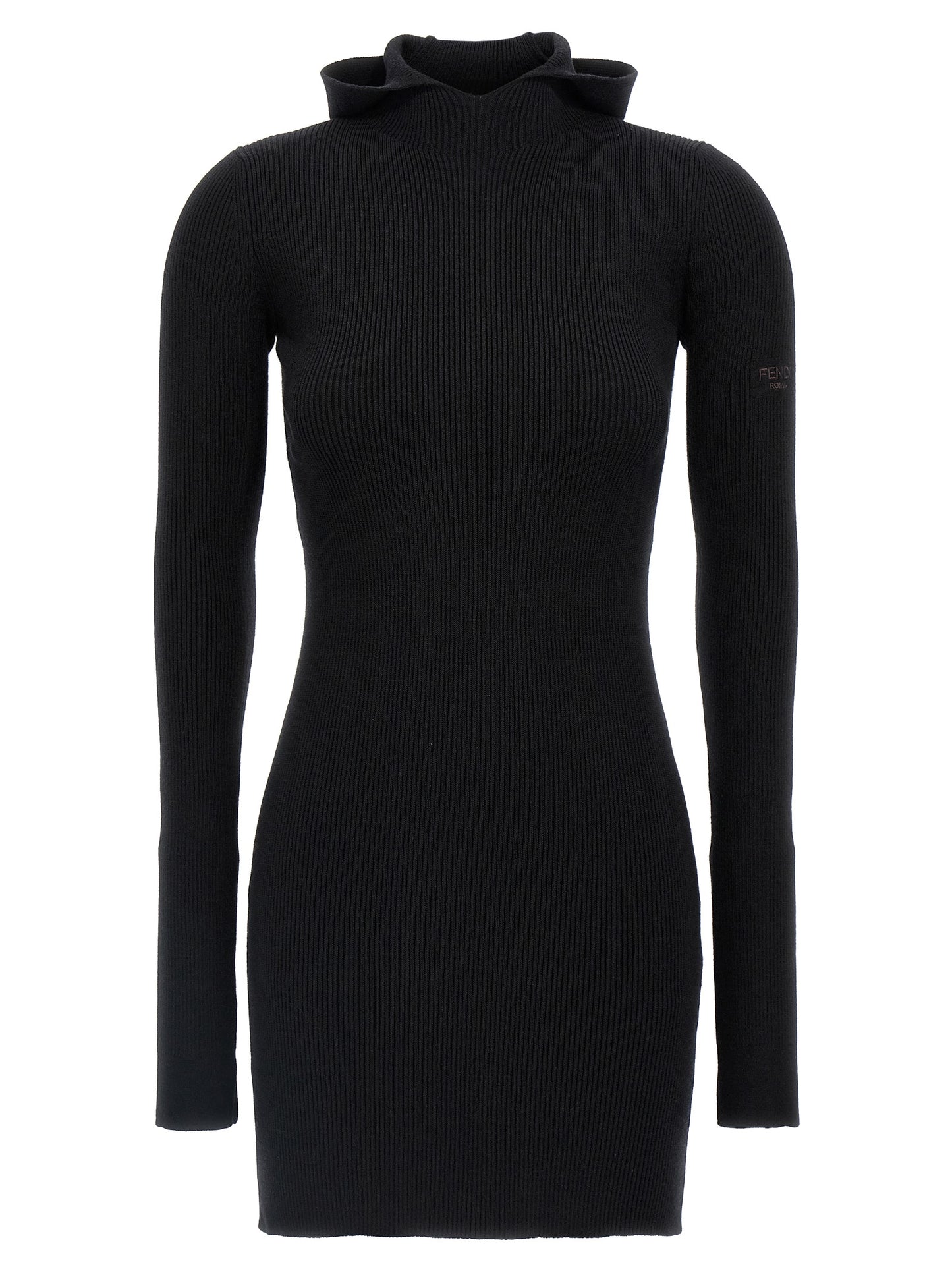 Hooded Dress by Fendi for women in wool & silk black features an eye catching silhouette with a sophisticated hooded neckline, elegant long-sleeve, and a refined short for a eye catching aesthetic.