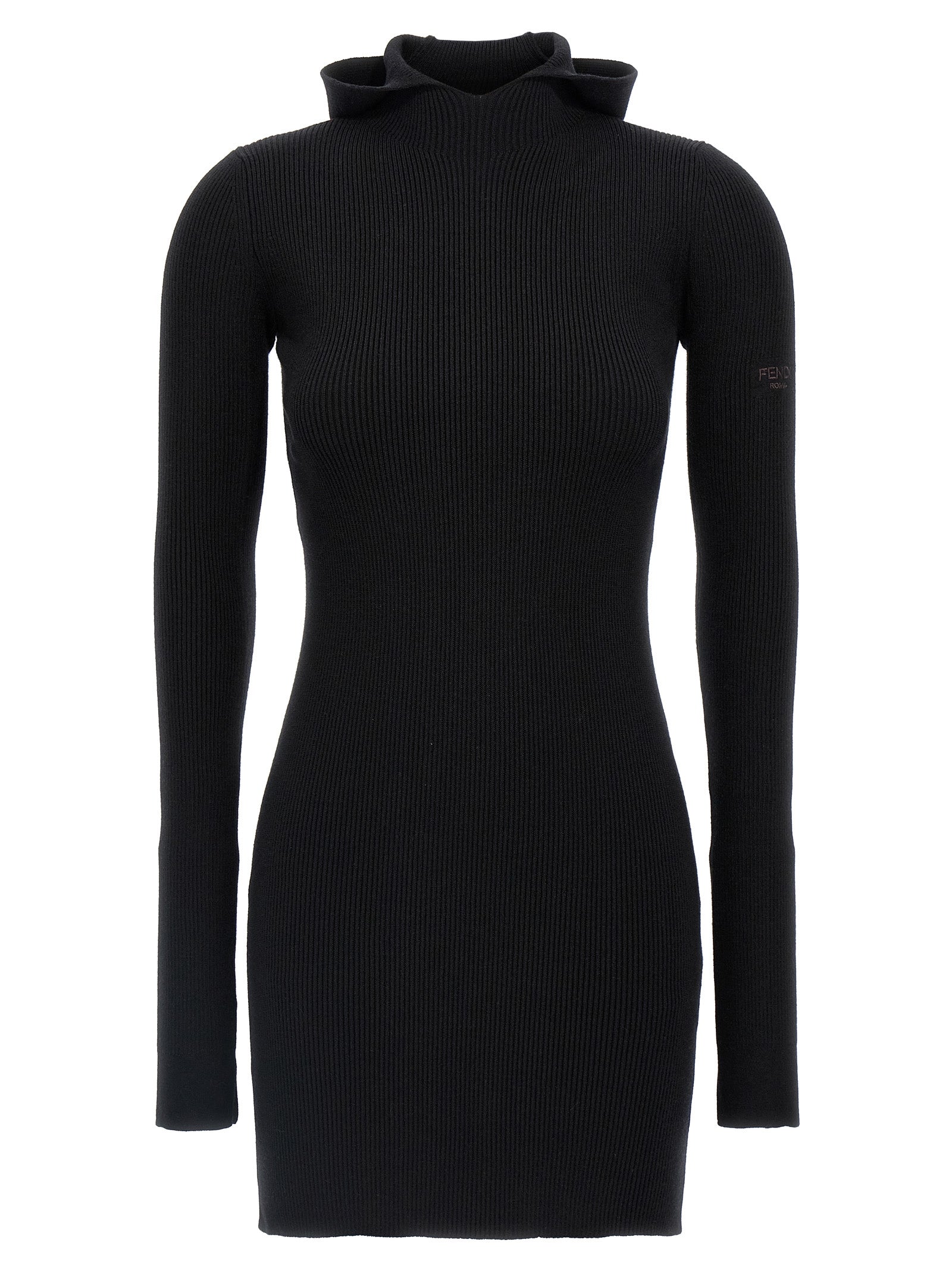Hooded Dress by Fendi for women in wool & silk black features an eye catching silhouette with a sophisticated hooded neckline, elegant long-sleeve, and a refined short for a eye catching aesthetic.