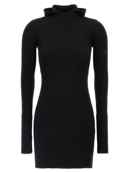 Hooded Dress by Fendi for women in wool & silk black features an eye catching silhouette with a sophisticated hooded neckline, elegant long-sleeve, and a refined short for a eye catching aesthetic.
