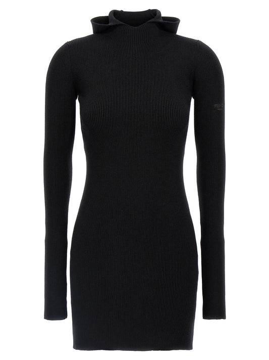 Hooded Dress by Fendi for women in wool & silk black features an eye catching silhouette with a sophisticated hooded neckline, elegant long-sleeve, and a refined short for a eye catching aesthetic.
