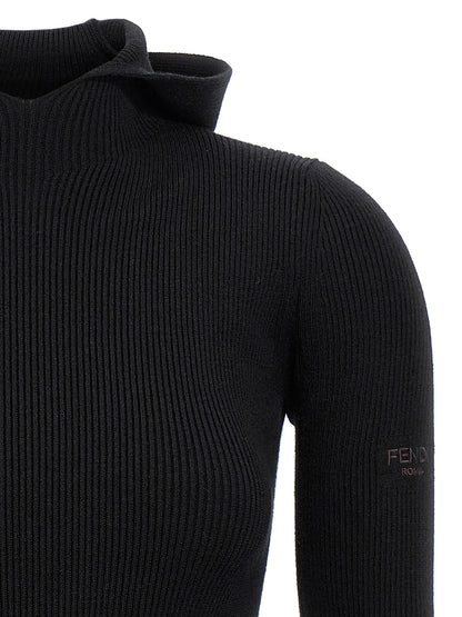Hooded Dress by Fendi for women in wool & silk black features an sultry silhouette defined by a hooded neckline and , falling to an sultry short for a sultry look.