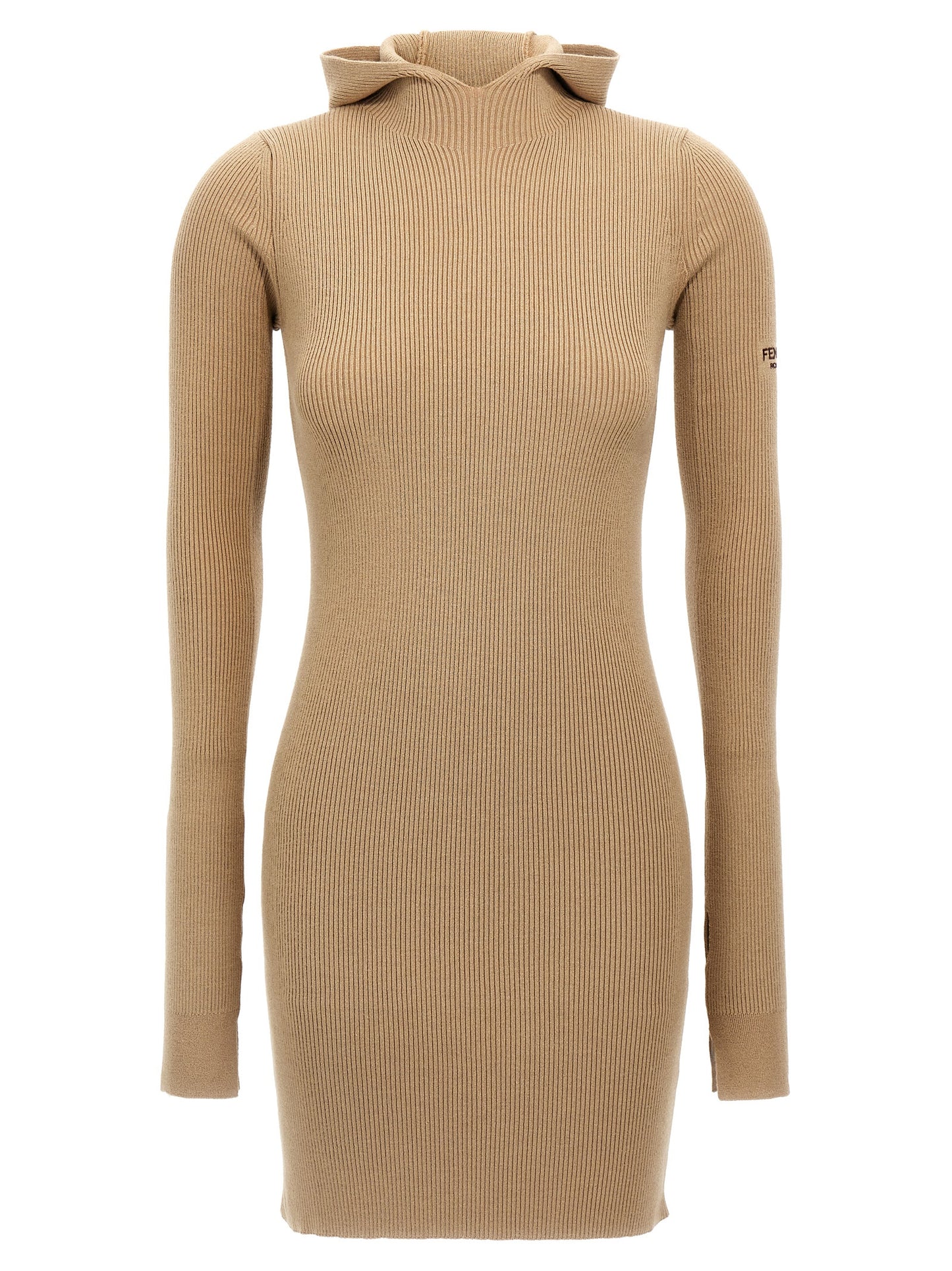 Hooded Dress by Fendi for women in wool & silk beige features an cute silhouette, detailed with a long-sleeve and hooded neckline that elegantly flows into a cute short.
