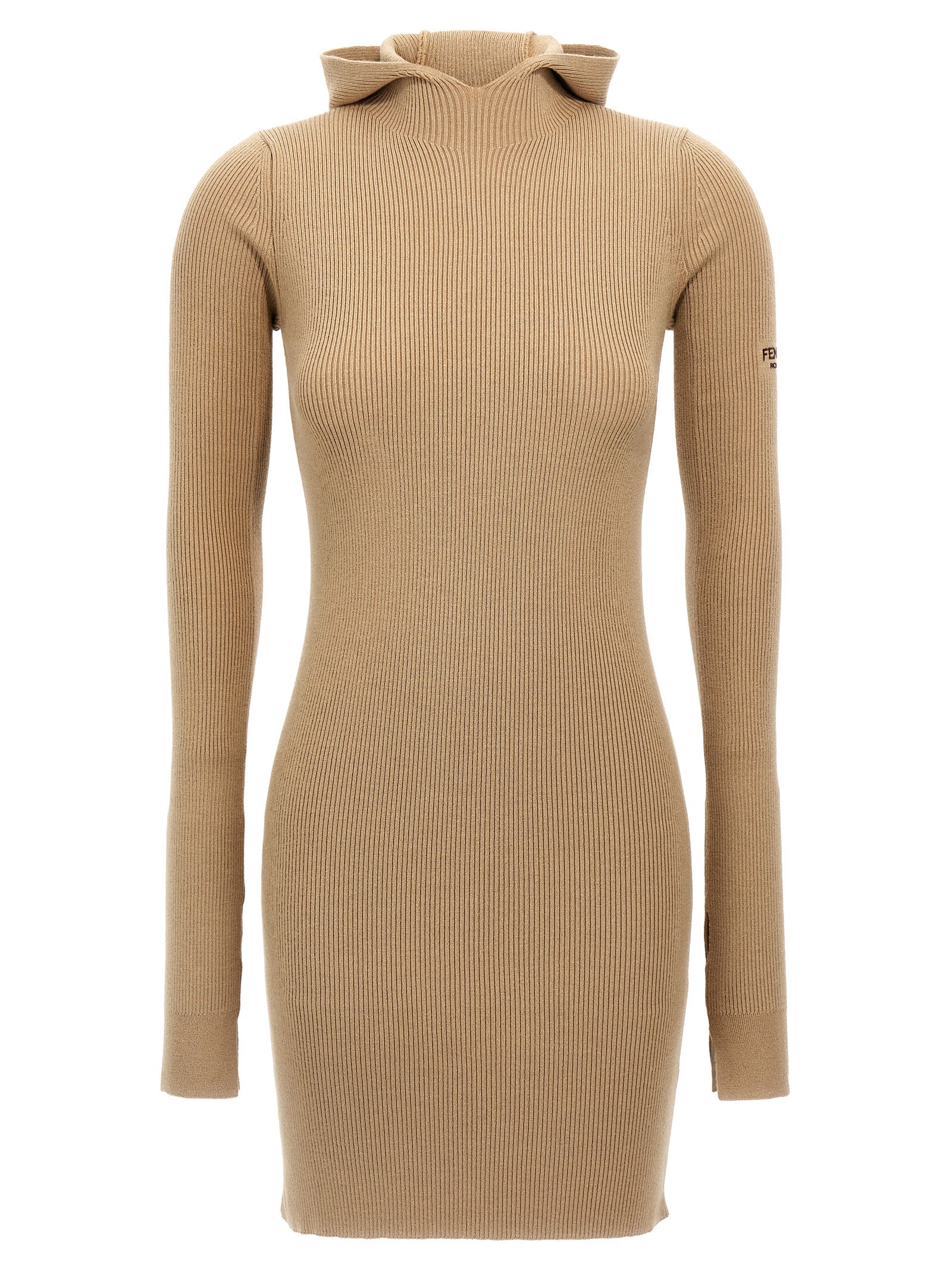 Hooded Dress by Fendi for women in wool & silk beige features an cute silhouette, detailed with a long-sleeve and hooded neckline that elegantly flows into a cute short.