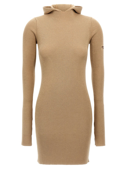 Hooded Dress by Fendi for women in wool & silk beige features an cute silhouette, detailed with a long-sleeve and hooded neckline that elegantly flows into a cute short.