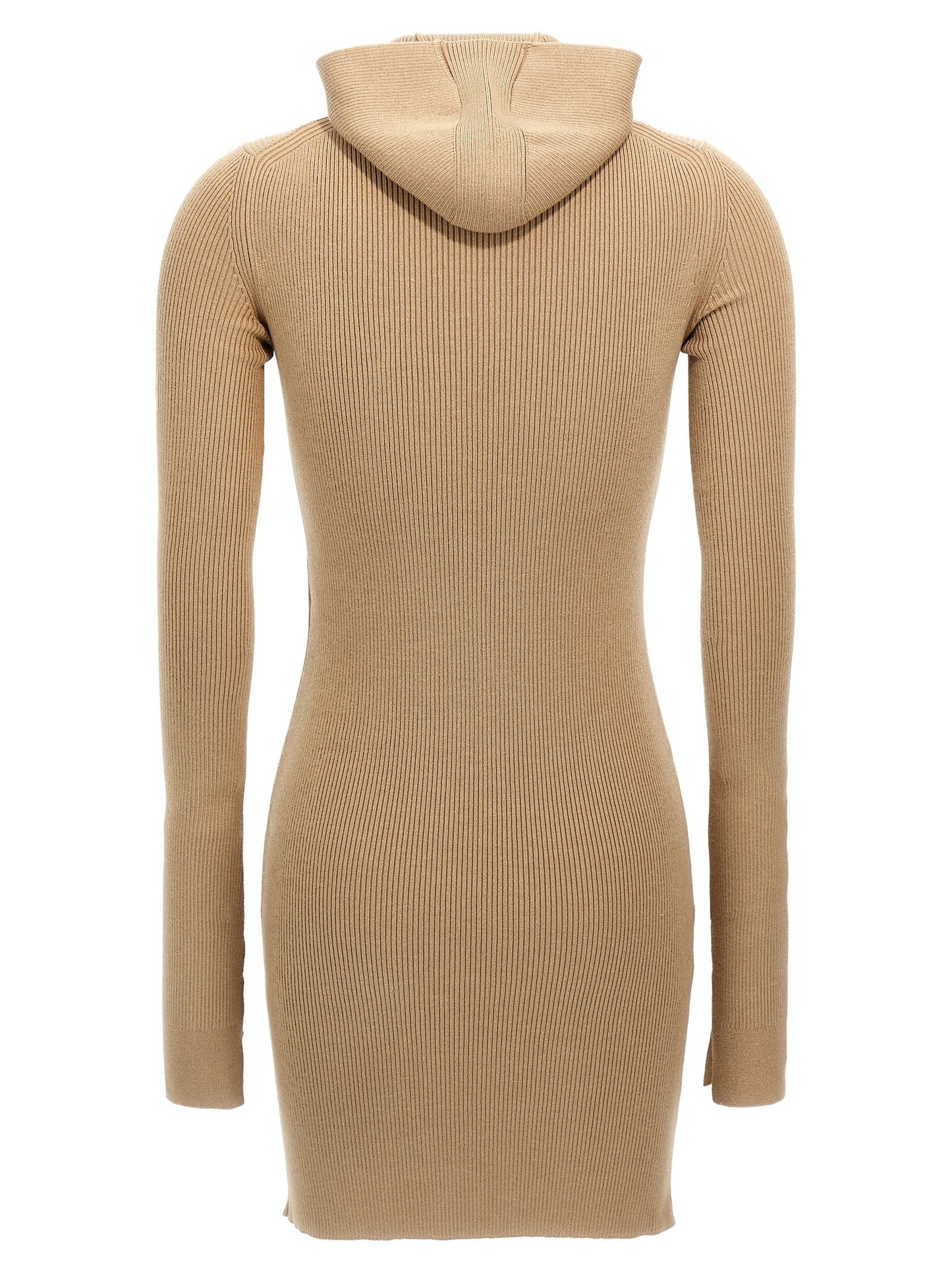 Hooded Dress by Fendi for women in wool & silk beige features a dramatic silhouette, showcasing an elegant hooded neckline and that flows into a dramatic short.