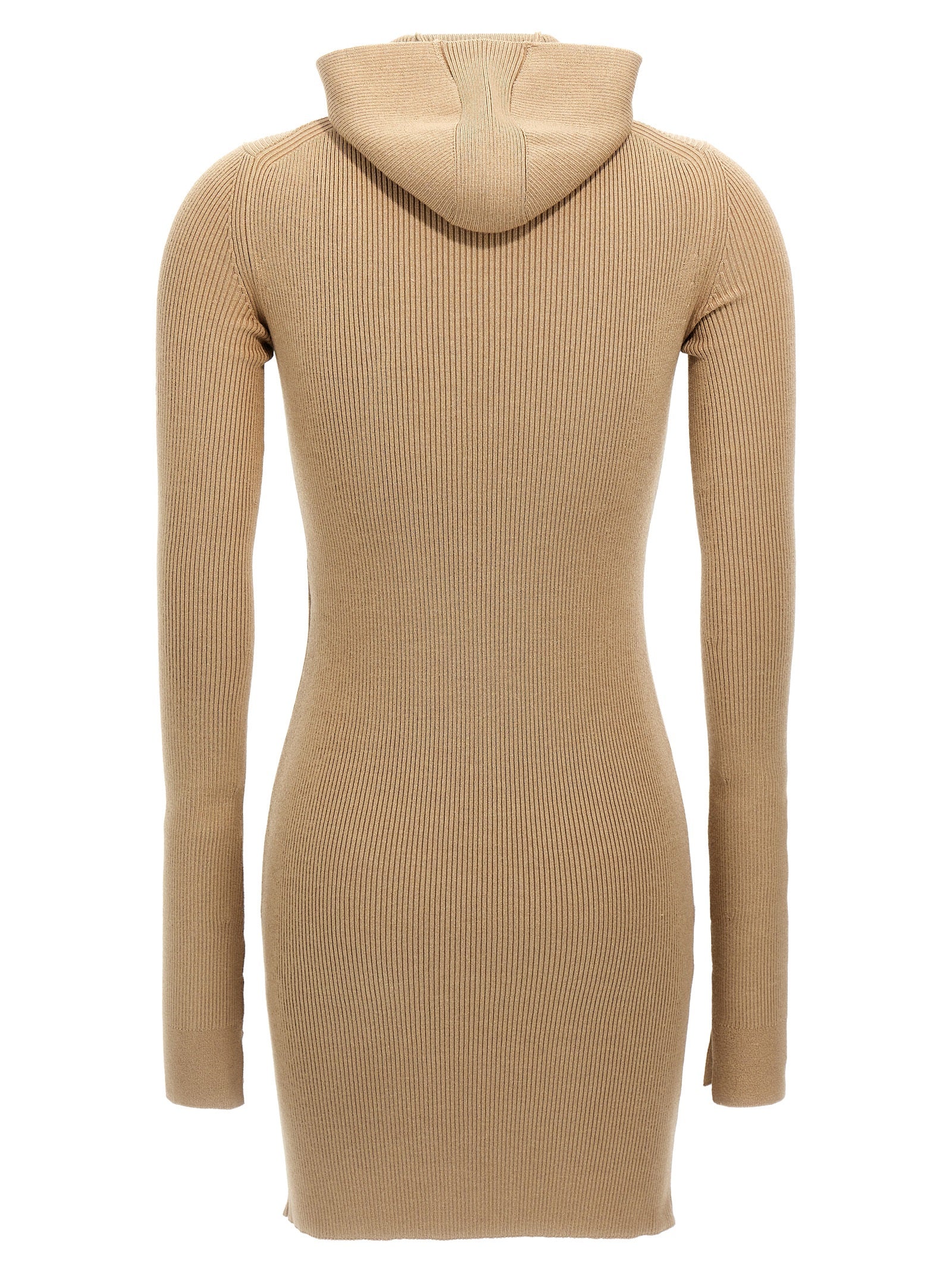 Hooded Dress by Fendi for women in wool & silk beige features a dramatic silhouette, showcasing an elegant hooded neckline and that flows into a dramatic short.