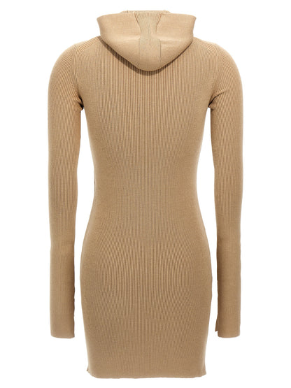 Hooded Dress by Fendi for women in wool & silk beige features a dramatic silhouette, showcasing an elegant hooded neckline and that flows into a dramatic short.