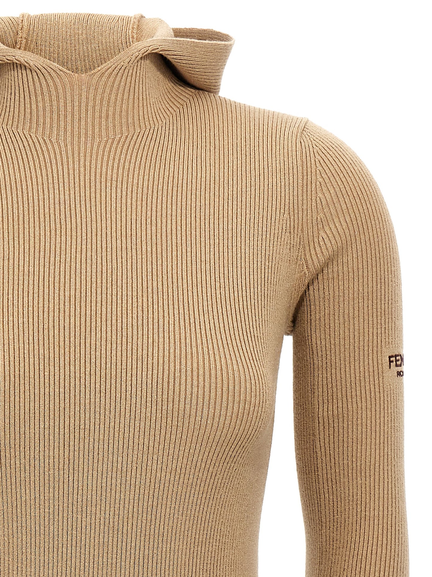 Hooded Dress by Fendi for women in wool & silk beige presents a sinuous silhouette, showcasing a sophisticated hooded neckline and detailed with a sinuous short for a refined finish.