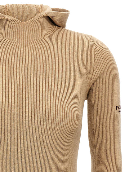 Hooded Dress by Fendi for women in wool & silk beige presents a sinuous silhouette, showcasing a sophisticated hooded neckline and detailed with a sinuous short for a refined finish.